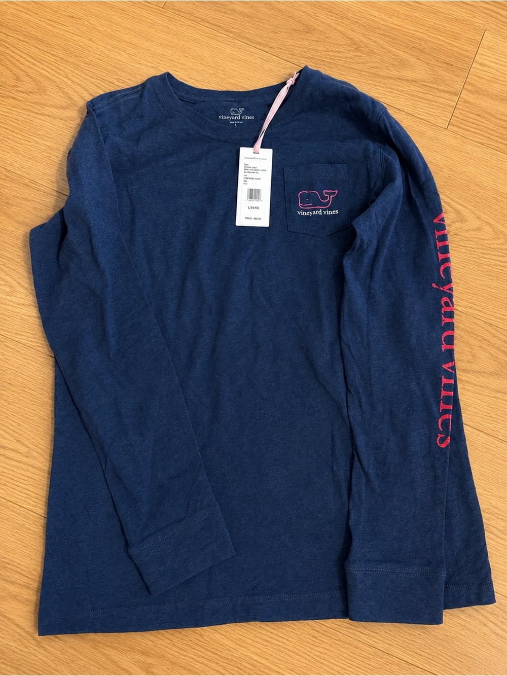 Vineyard Vines Navy Long-Sleeve Pocket Tee with Pink Logo